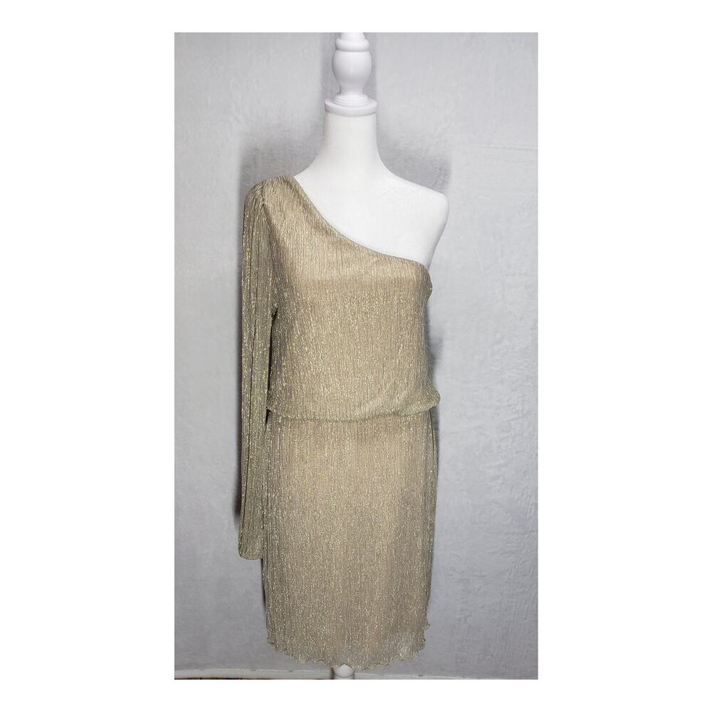 Bisou Bisou Gold Metallic One Shoulder Mini Cocktail Dress 12 Shimmer Glam Party
